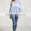 Woman Fashion Loose Style Light Blue Cotton Bell Long Sleeve Blouse Design Patterns back neck