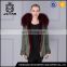 Classical khaki green shell with wine fur collar and lining for women