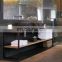 dual sink hotel console vanity with black base, carrara white marble top