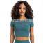 Custom Soft Hollow Out Sexy Built In Bra Short Sleeve Gym Yoga Crop Top Slim Bribbed Ladies Sports Fitness T-Shirt For Women