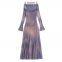 Early Spring New Design: European-American Contrasting Color Print Frill-Edge One-Sided Shoulder Flared Long-Sleeved Fish-Tail Dress