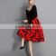 European Style Fashion Women's Retro Contrast Color High Waist Print Pleated Ball Gown Midi Swing Puff Skirt