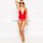 hot sexy photo lady swimwear deep plunge halter neckline backless plain red one piece swimsuit