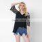 Black V neck models for summer three quarter sleeve womens plus size blouse