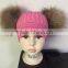 Pink Color Funny Baby Hats For Kids With Large Raccoon Fur Balls Crochet Winter Hats Kids