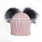 Myfur Baby Pink Wool Ribbed Knit Hat with Removable Silver Fox Fur Pom Poms