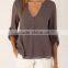 Grey Long Sleeve Chiffon Blouse Shirt Fall Deep V Neck Buttoned Back High Low Asymmetric Loose Casual 2016 Women Top 4 Colors
