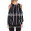 Fashion Cutting Chiffon Blouse Design Black Withe Stripe Cold Shoulder Lady Blouse