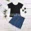 Summer Kids Children Girl Short Sleeve Black Shirts Tops Shirts Jeans Skirts 2 PCS Kids Set Outfits Clothes Set