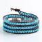 Retro Vintage Lovely Multilayer 4mm Round Blue Turquoise And Hand Knotted Brown Leather Wrap Bangle Bracelet