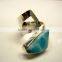 Larimar Cabochon Sterling Silver Jewelry, Designer Fashion Hammered Jewelry, Dominic Republic Blue Larimar Cabochon Ring