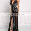 Latest Sexy Slit Black Mesh Net Slit Maxi Gown Dress With Cross Back Designs HSd5113