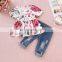 Kids Girls Floral long Short Sleeve Ruffle Blouse + kids Ripped Jeans Baby Clothing Set outfits 0-4years
