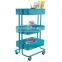 Rolling Organization Cart on Wheels Is Metal with 3 Deep Bins, Center Bin Is Adjustable Color