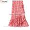 Vintage casual plus size elastic waist buttons up mid-calf plaid split ruffles asymmetric skirt for fashion women