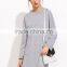 Grey Drop Shoulder Tee Dress With Pockets Cotton Spandex Long Sleeve Casual Plain Sweatshirt Tee Dress