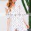Ruffle Cold Shoulder Polkadot Print Summer Dress Vintage Irregular Bow Wrap Short Dress Women Chic Chiffon White Dress