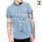 fashion hot sale light blue acid washed denim short shirts JXF060