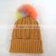 Myfur OEM Latest Women Ginger Ribbed Knitting Beanie Cap with Removable Pompom
