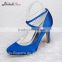 Blue satin pumps ankle trap middle heel women evening shoes party shoes