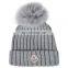 high quality grey knit acryl beanie hat 100% polyester fleece cap woven label