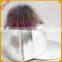 Three colour glaze white with real raccoon fur pompom spring hat