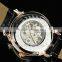Policemen's leather band watch 2 see through window large skeleton mechanical wrist watch