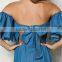 Blue Chambray Off Shoulder Bell Sleeve Maxi Denim Jeans Dress Ladies Western Dress Designs HSd5281