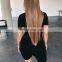 Custom logo Women's One piece basic t shirt zip close bodycon bodysuit jumpsuit for lady