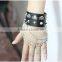 new model broader real leather punk press studs rivet men bracelets with finger ring chain