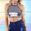 Adjustable halter neck straps white and navy striped halter crop top women