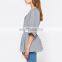 Hot sale sexy V Neck design 1/2 Sleeve Tops kimono style Cotton Blue Striped Women Casual blouse With Self-tie waist belt