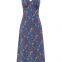 Vestido casual longo com gola em V, estampa floral azul com temperamento francês, sem mangas, vestido feminino 2025