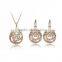 2015 woman brand wedding gold jewelry water drop pendant hollow out crystal necklace earring sets