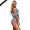 Ladies Blue White Stripes Ruffle One Shoulder One-Piece Swimsuits with Padded