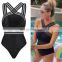 Wholesale supplier girls shiny swimwear high fork backless one pieces thong swimsuit in black