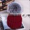 wholesale winter rib knit genuine silver fox fur ball hat silver fox bobble hat