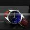 High class bule dial alloy case genuine leather band with night view men fashion watches