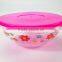 flower Decal printing set of 5 pcs glass salad bowl with pink plastic lids