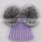 Myfur European Style Silver Fox Fur Big Pom Poms Wool Ribbed Knit Hat