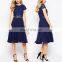 Korean Style Crop Top Midi Dress Ladies New Model Fashion Lace Party Dress in Blue