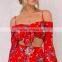 Front tie girls 2 piece crop set long sleeve floral tops and mini skirts