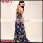 Summer navy blue floral print strap women long dress beach ruffle maxi dress