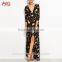 Long Sleeve Black V Neck Florals Wrap Maxi Dress Sexy Slit Maxi Dress Summer
