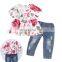 Kids Girls Floral long Short Sleeve Ruffle Blouse + kids Ripped Jeans Baby Clothing Set outfits 0-4years