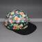 DESIGN LEATHER PATCH FLORAL PRINTING 5 PANEL HAT WHOLESALE LOGO