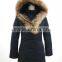 big real raccoon fur hood waist shaped knee length womens long down coat