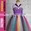 Silk rainbow color satin braces skirt fluffy voile girl's dress children frocks designs