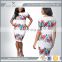 OEM trendy elegant lady short sleeve pencil dresses knee length white floral print low moq 2016