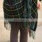 Ladies acrylic green shred woven stripe checked yarn dye fur collar ruana cappa shawls stole scarf